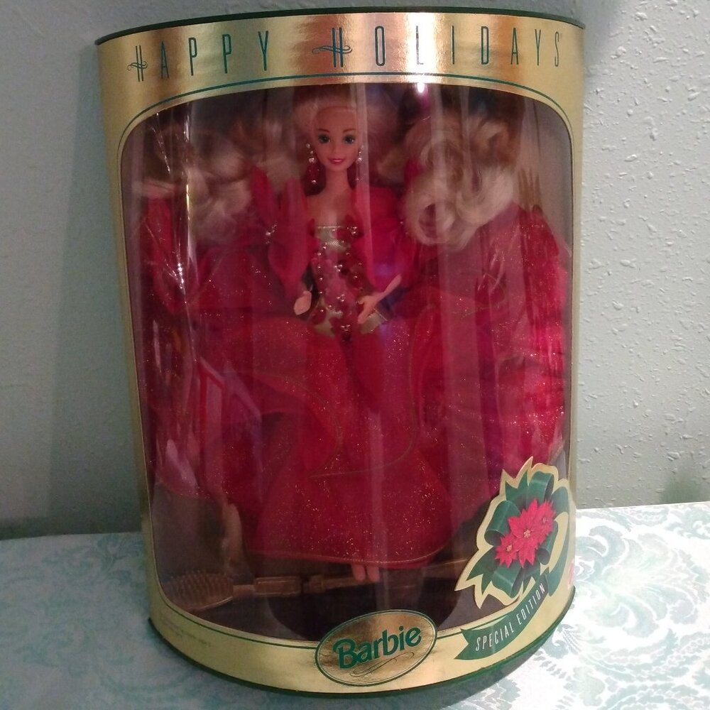 1993 Mattel Happy Holidays Barbie doll Poinsettia red gold